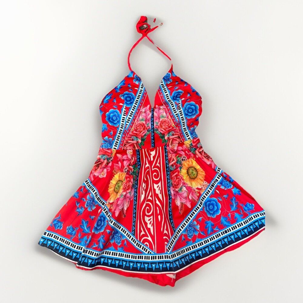 Chicways Red Floral Halter Dress Skort Size Small Built In Shorts